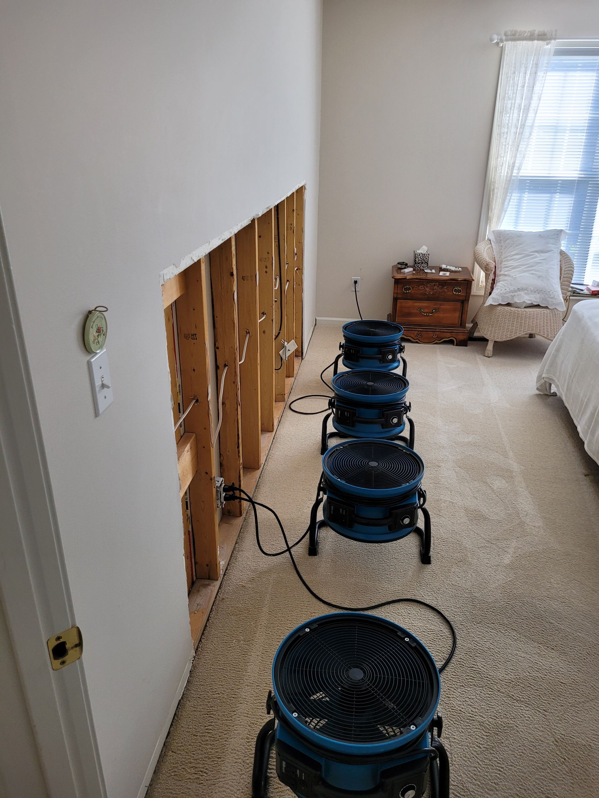Row of fans drying a partially demolished wall. Carpeting, furniture, and window are in the room.