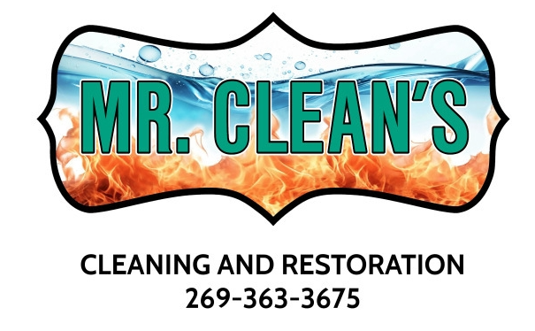 Logo for Mr. Clean's Cleaning and Restoration. Features text in green against water and flames, with a phone number.