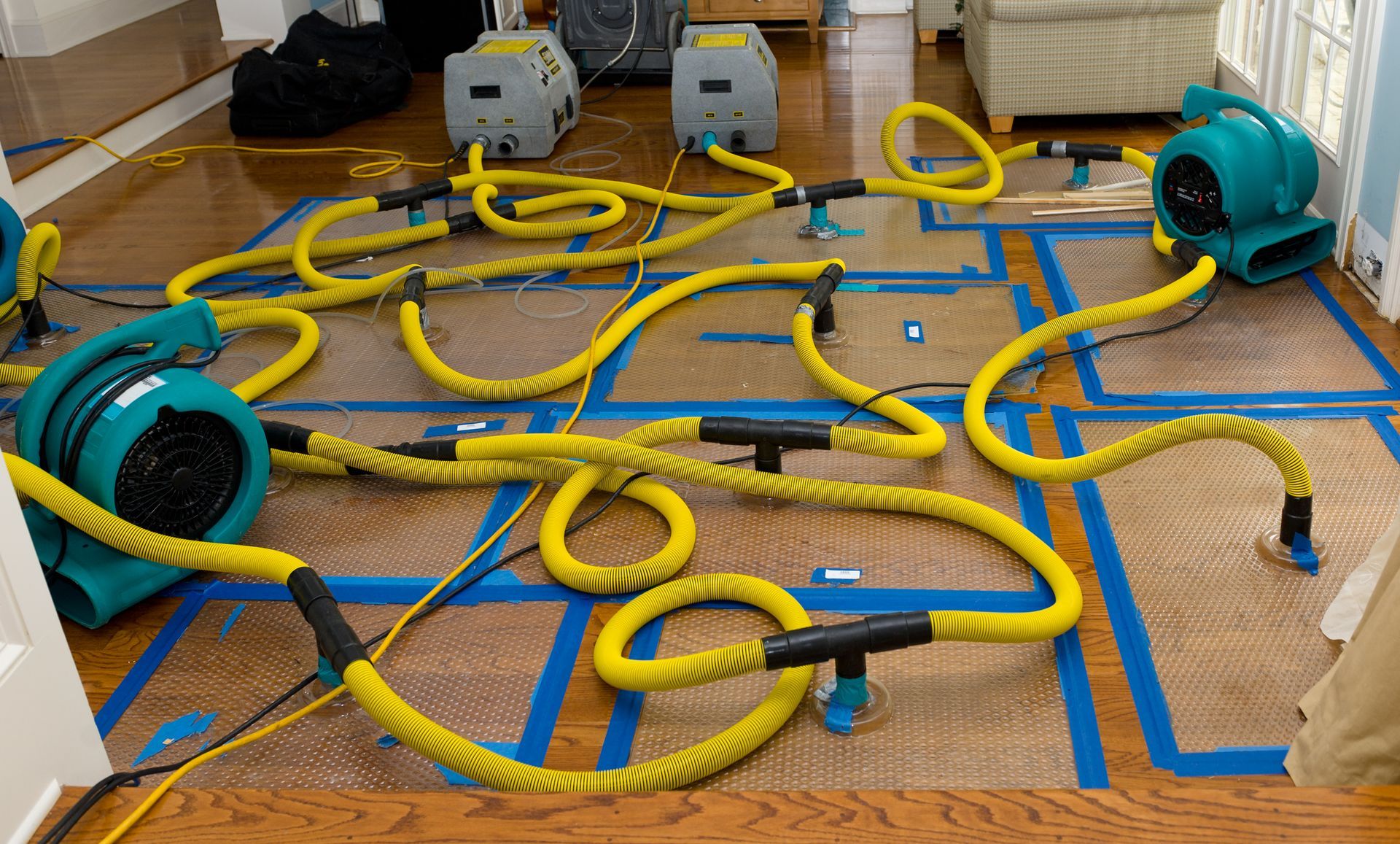 Drying equipment set up on a wood floor with blue tape outlining sections. Yellow hoses connect fans.