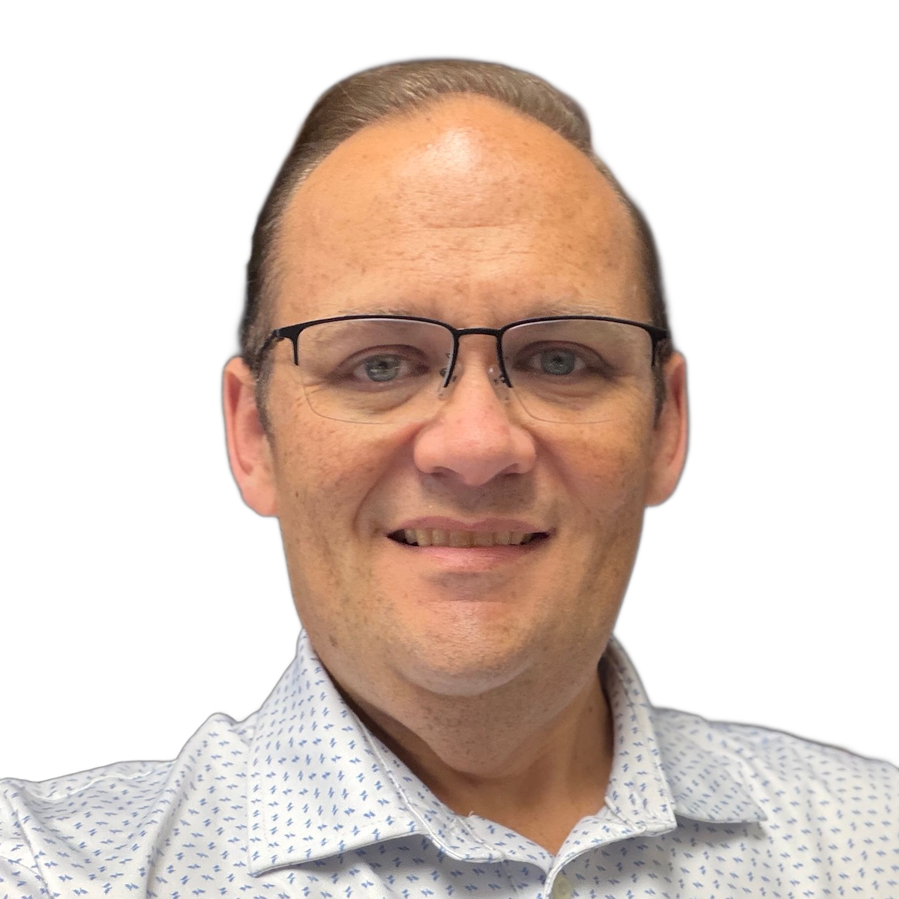 A man wearing glasses and a black shirt is smiling for the camera.