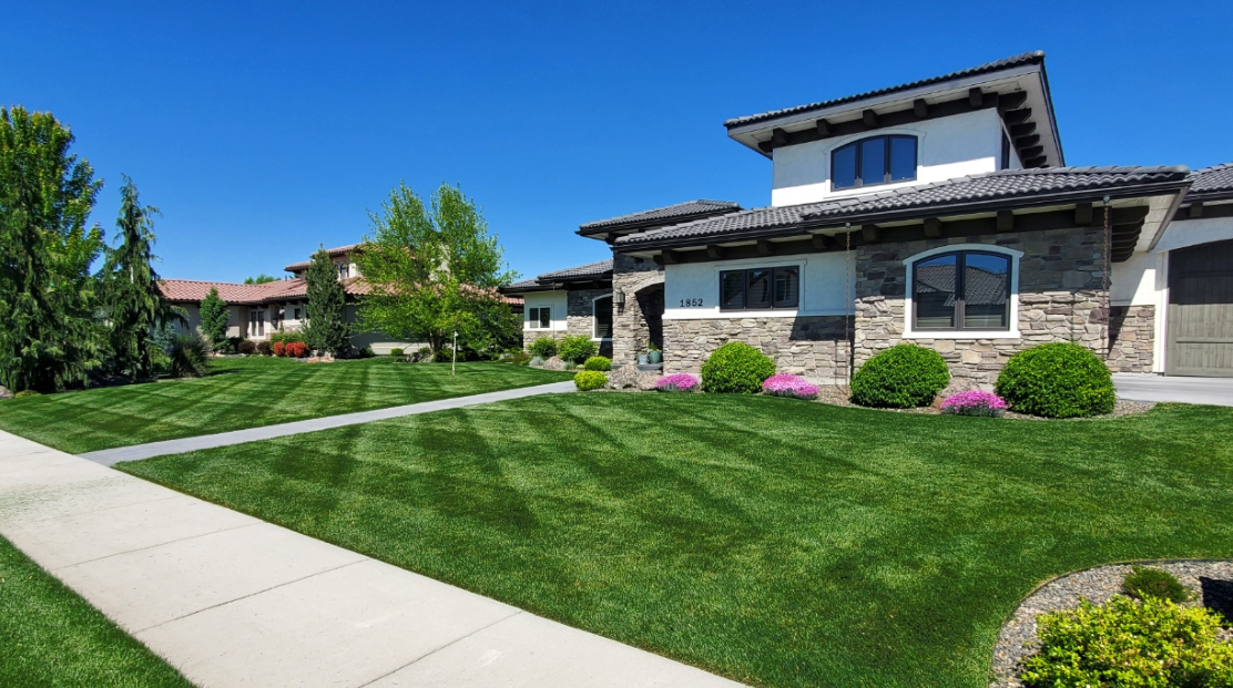 A large house with a lush green lawn and a sidewalk in front of it.