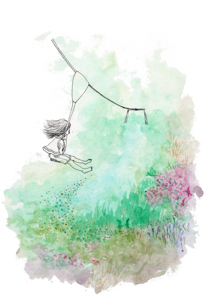 Een aquarel van een meisje die in een kabelbaan zit. Vogel vrij bij Atelierkinderen, atelier Verda.