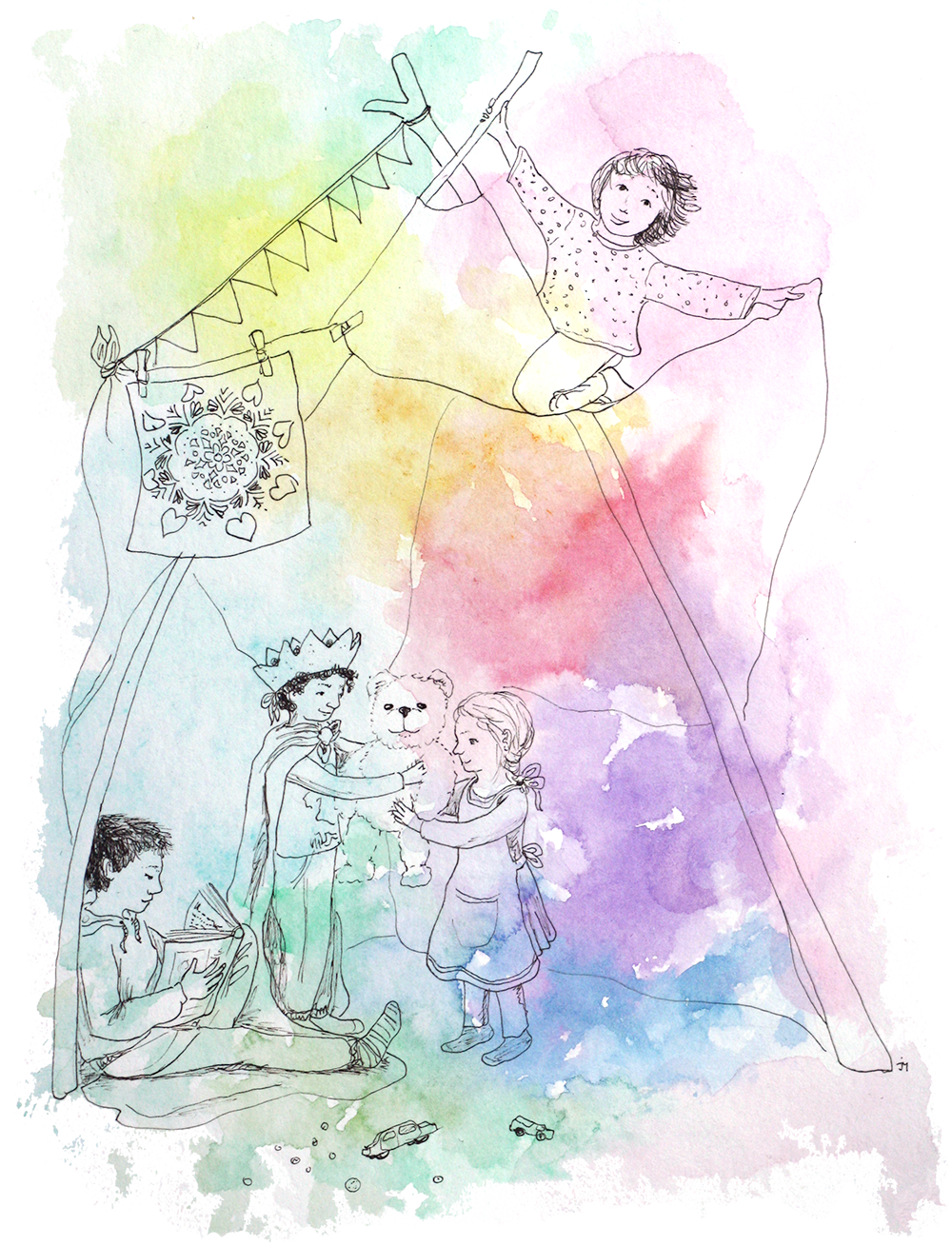 Een aquarelschilderij van een groep kinderen die kleding aan een waslijn hangen.