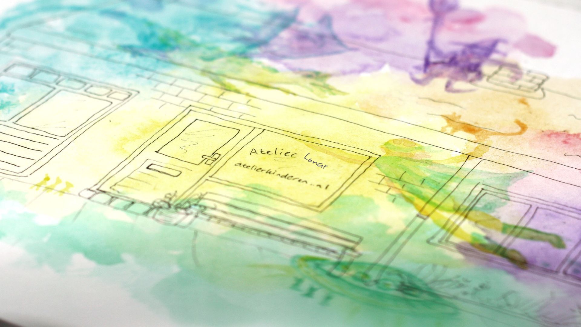 Een close-up van een aquarelschilderij van een huis. Atelierkinderen, atelier Lunar.