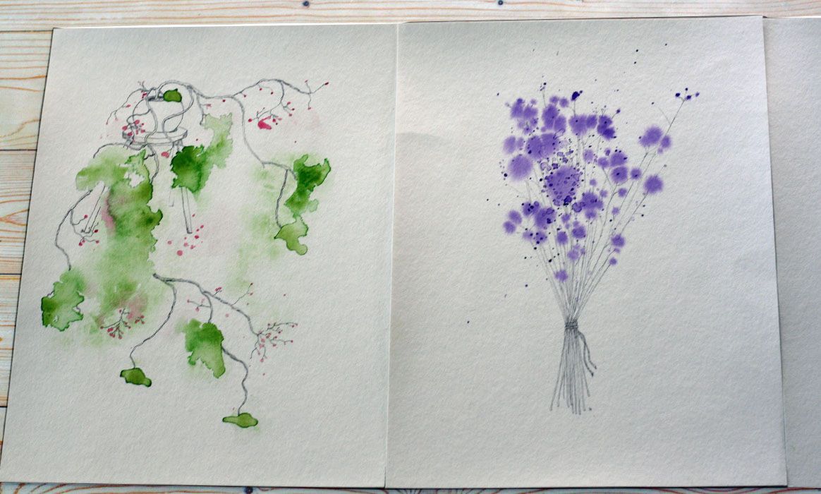 Artprint bloemen op een stuk papier op een houten tafel. Aquarel, pen tekening door Jasmijn Mulder, Atelierkinderen