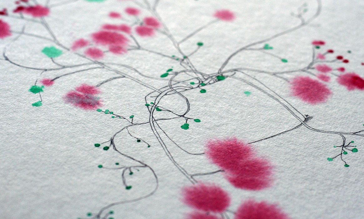 Close-up bloemen, rood. Aquarel, pen tekening door Jasmijn Mulder, Atelierkinderen