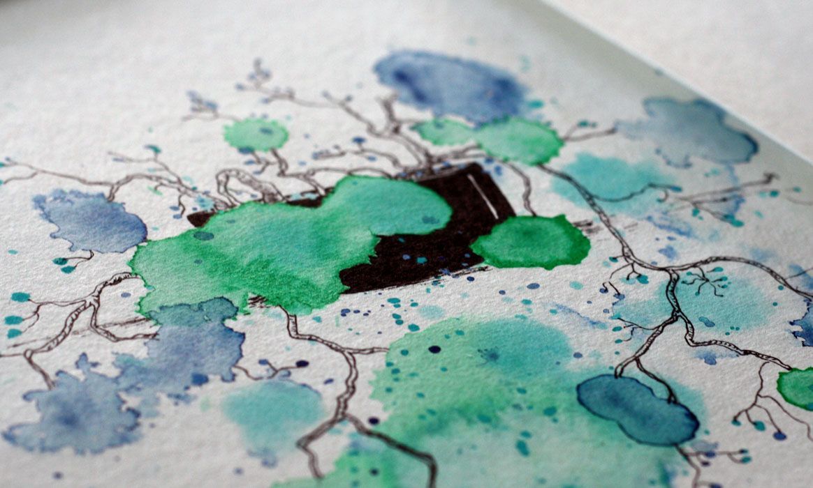 Close-up bloemen, groen blauw. Aquarel, pen tekening door Jasmijn Mulder, Atelierkinderen