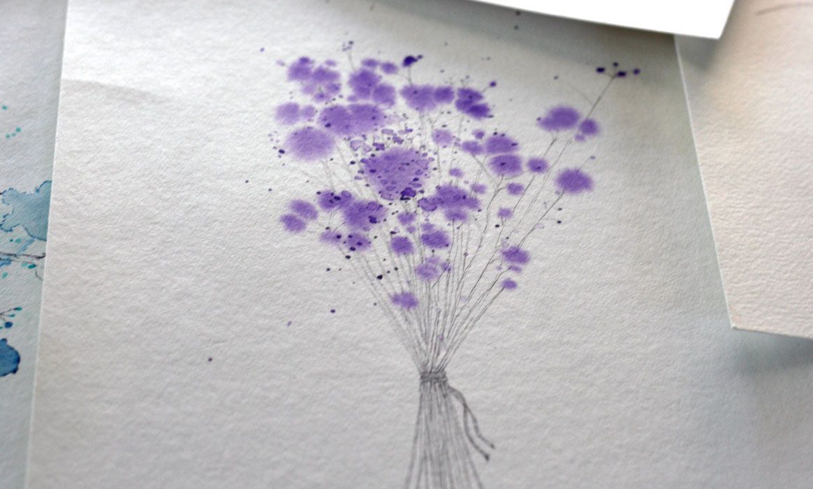 Close-up bloemen, paars. Aquarel, pen tekening door Jasmijn Mulder, Atelierkinderen