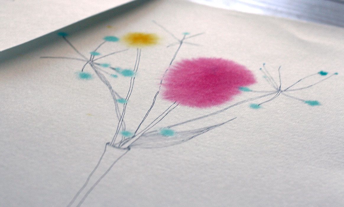 Close-up bloemen, rood geel. Aquarel, pen tekening door Jasmijn Mulder, Atelierkinderen