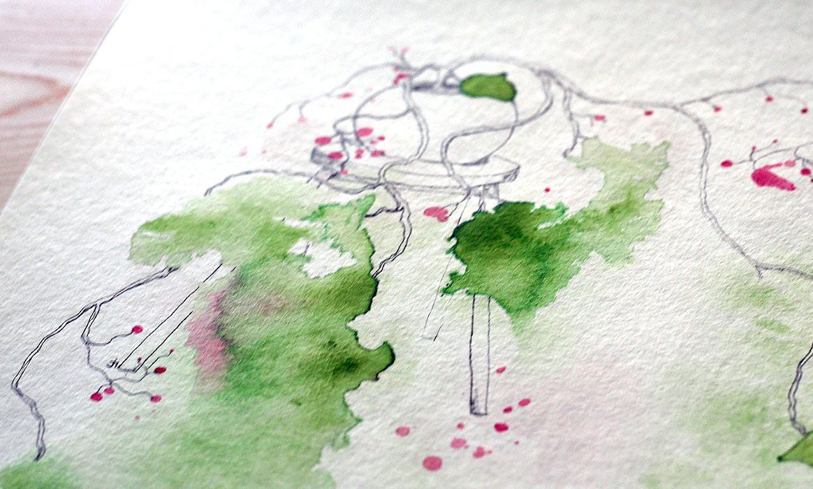 Close-up bloemen, groen. Aquarel, pen tekening door Jasmijn Mulder, Atelierkinderen