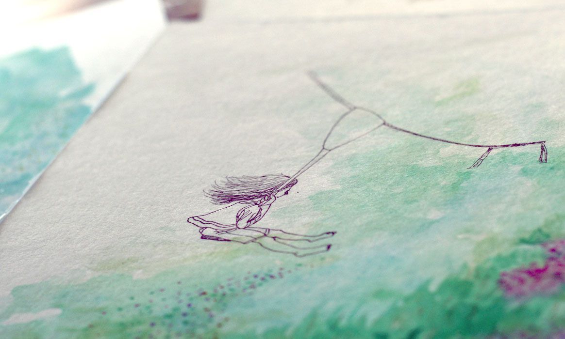 Een close-up, vrij zijn op de kabelbaan. Aquarel, pen tekening  van Jasmijn Mulder, Atelierkinderen
