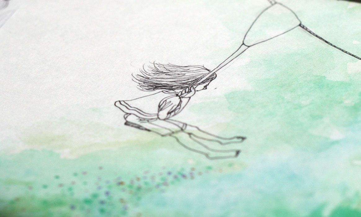 Een close-up, vrij zijn op de kabelbaan. Aquarel, pen tekening  van Jasmijn Mulder, Atelierkinderen