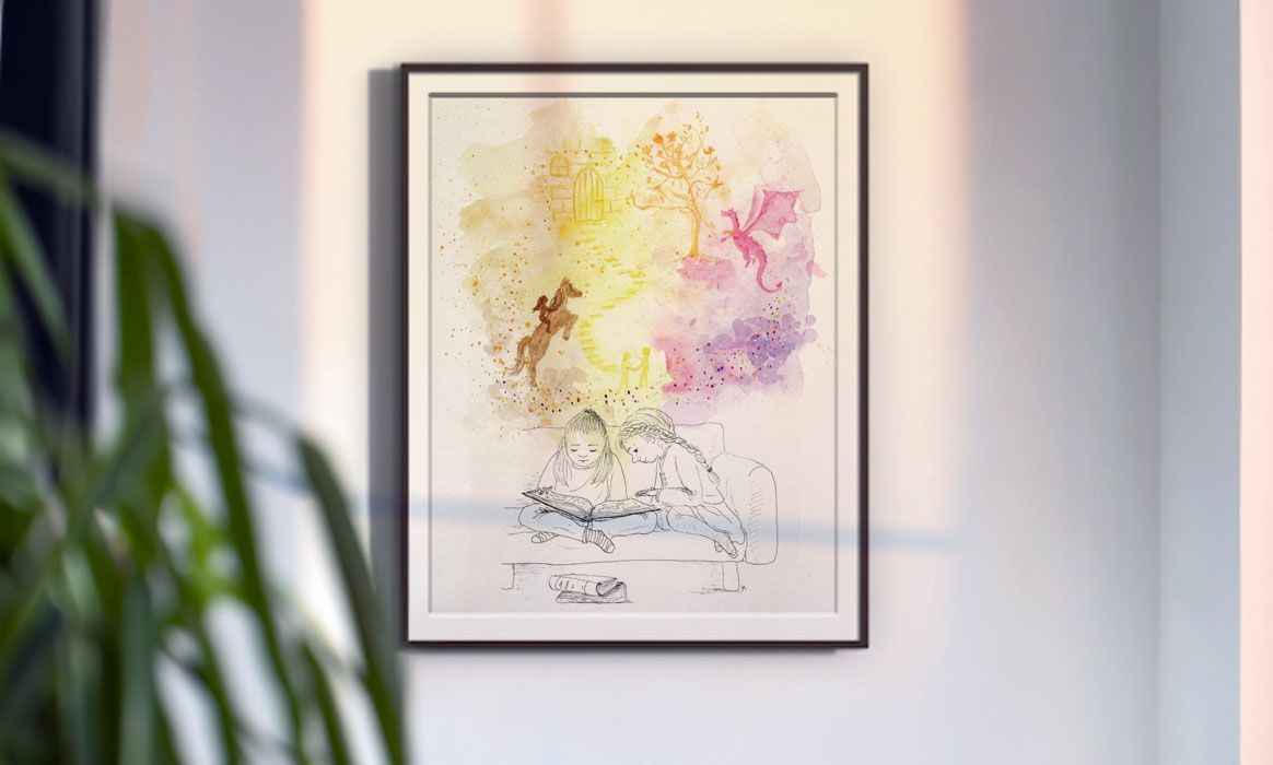 Een ingelijst schilderij hangt aan de muur naast een plant. Jasmijn Mulder, Atelierkinderen