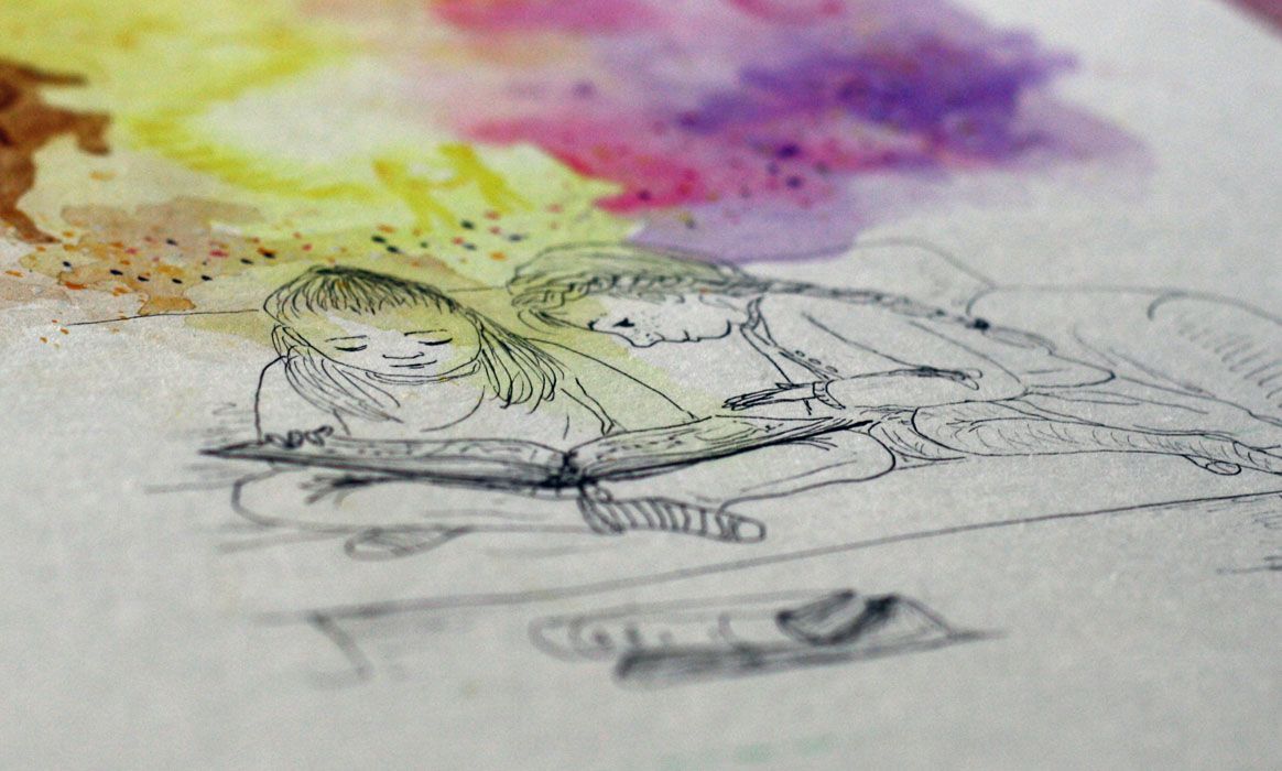 Close-up, Boekavontuur. Aquarel, pen tekening  van Jasmijn Mulder, Atelierkinderen