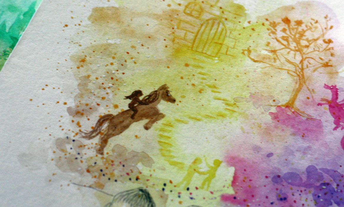 Een close-up, Boekavontuur. Aquarel, pen tekening  van Jasmijn Mulder, Atelierkinderen
