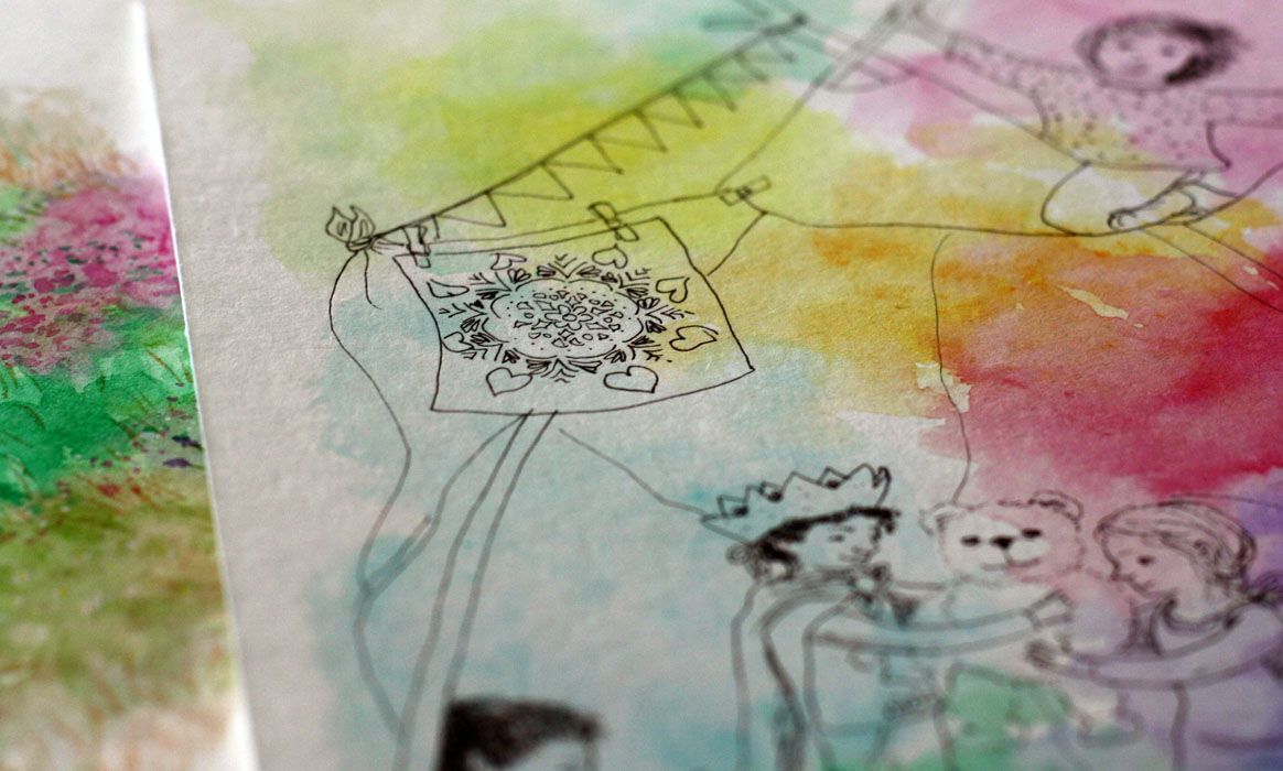 Een close-up, tent spel, feest. Aquarel, pen tekening  van Jasmijn Mulder, Atelierkinderen