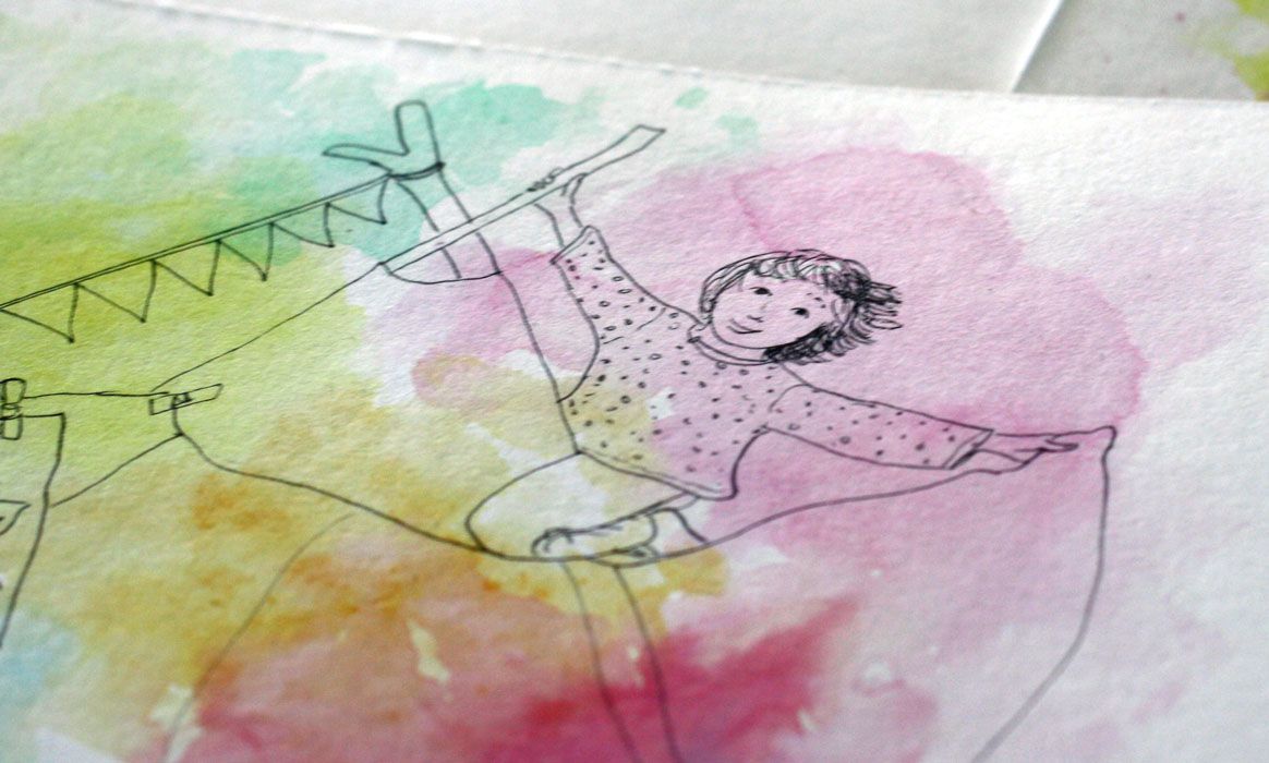 Een close-up, tent spel, feest.  Aquarel, pen tekening  van Jasmijn Mulder, Atelierkinderen