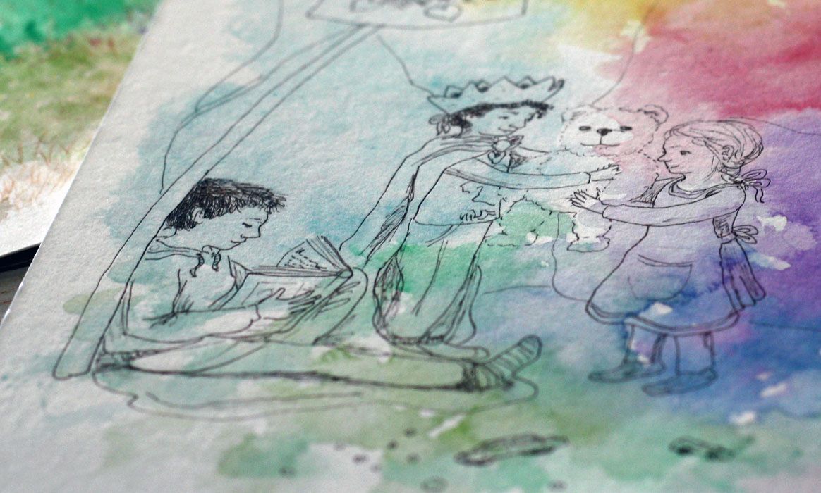 Een close-up, tent spel, feest. Aquarel, pen tekening  van Jasmijn Mulder, Atelierkinderen