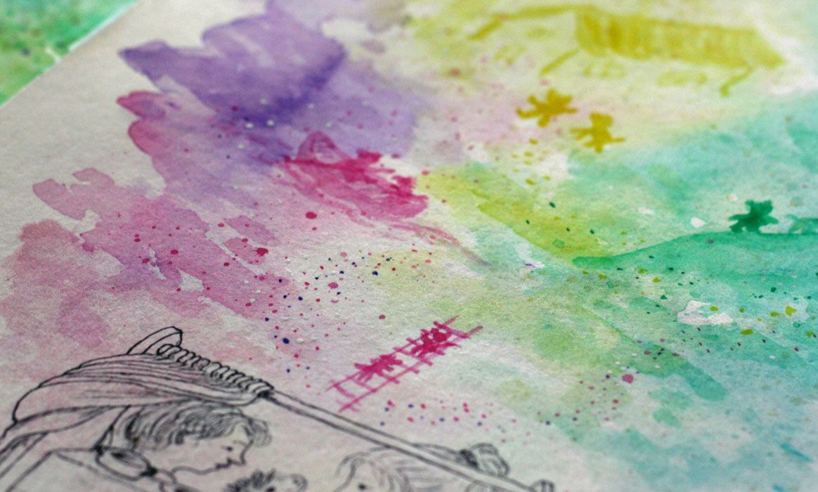 Een close-up, samen spelen. Aquarel, pen tekening  van Jasmijn Mulder, Atelierkinderen