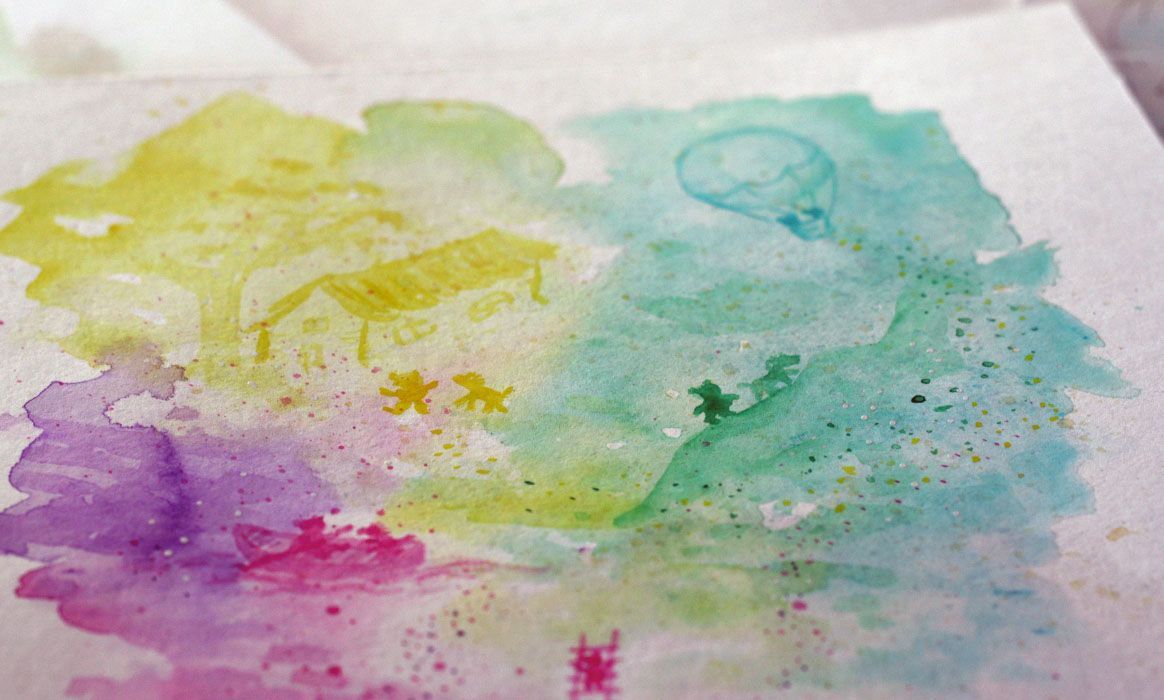 Een close-up, samen spelen. Aquarel, pen tekening  van Jasmijn Mulder, Atelierkinderen