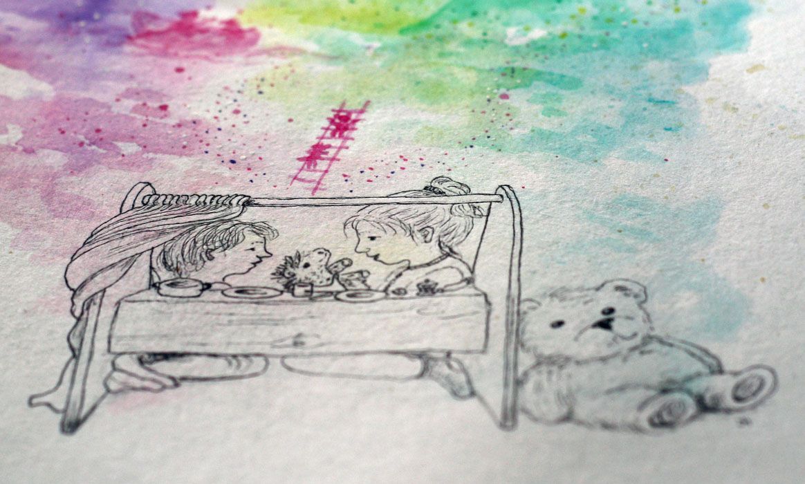 Een close-up, samen spelen. Aquarel, pen tekening  van Jasmijn Mulder, Atelierkinderen