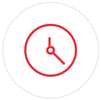 Un icono de reloj rojo en un círculo blanco sobre un fondo blanco.