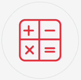 Un icono de calculadora roja en un círculo blanco sobre un fondo blanco.