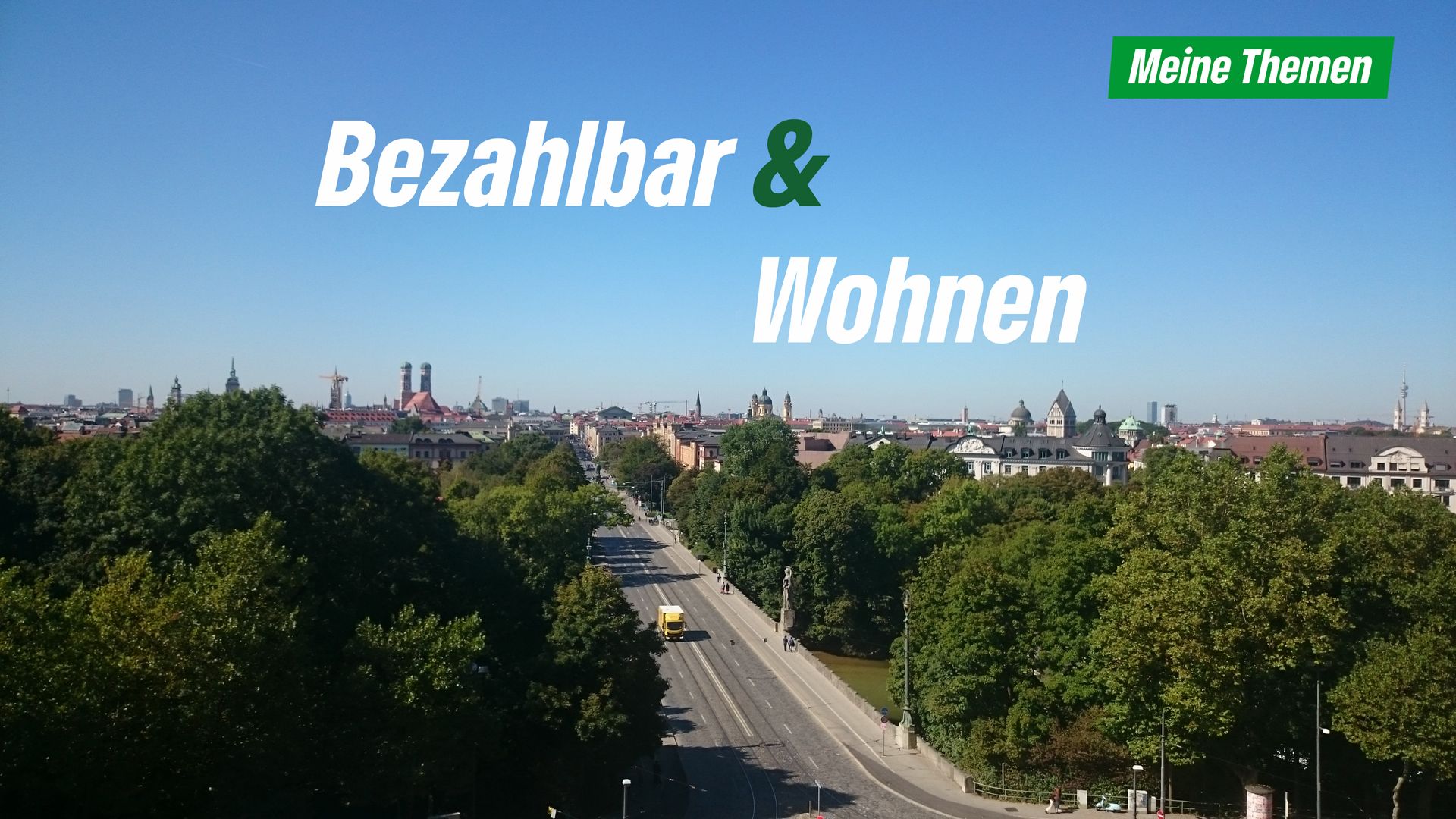 Blick auf München mit Text Bezahlbar und Wohnen
