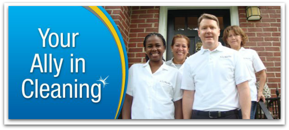 Four people in white shirts smiling in front of a brick building; blue graphic with "Your Ally in Cleaning."