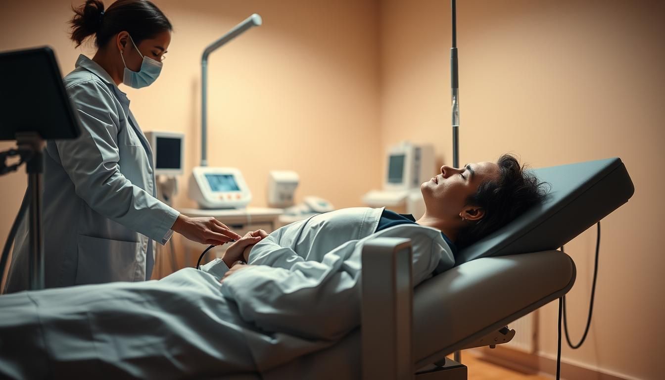 Doctor checking a patient's vitals in a medical exam room. Both are wearing masks; the patient is lying on a bed.