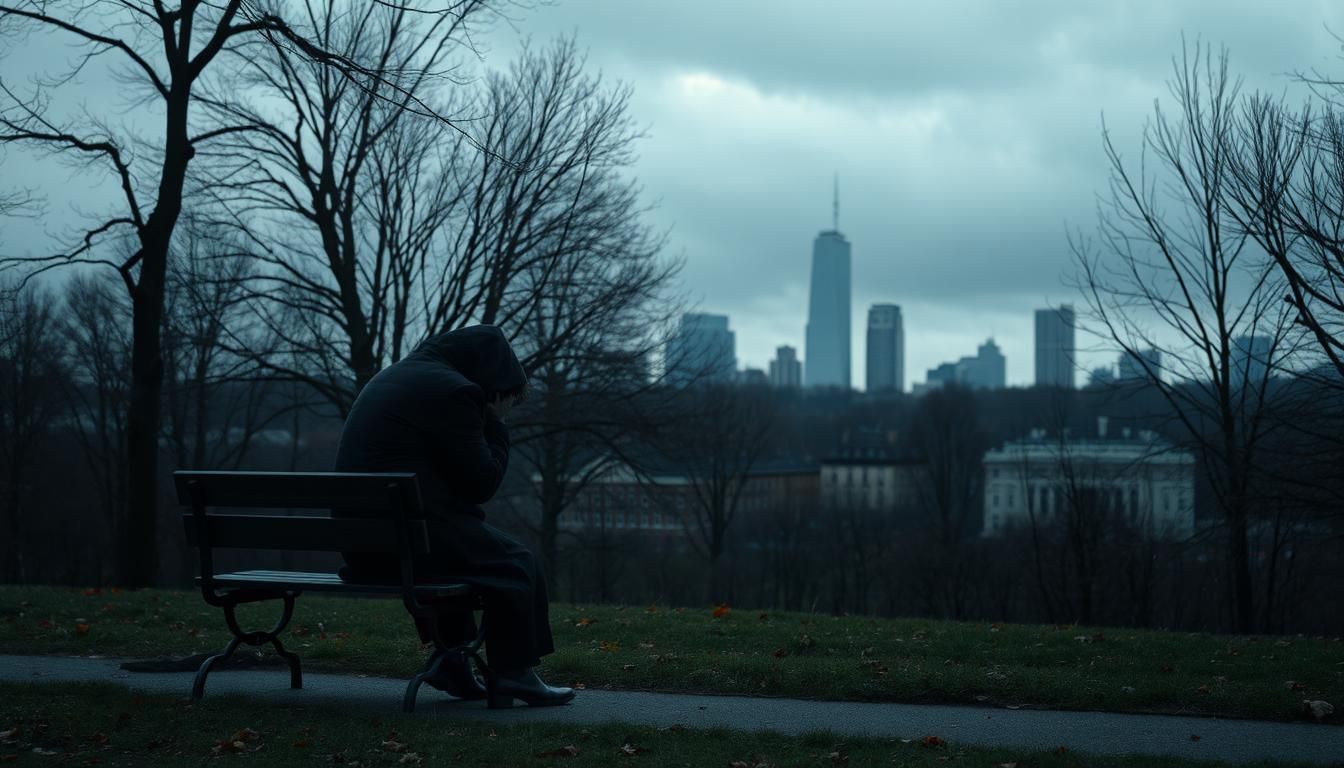 Man sits hunched on a park bench, looking at a cloudy cityscape. Dark, somber tones.
