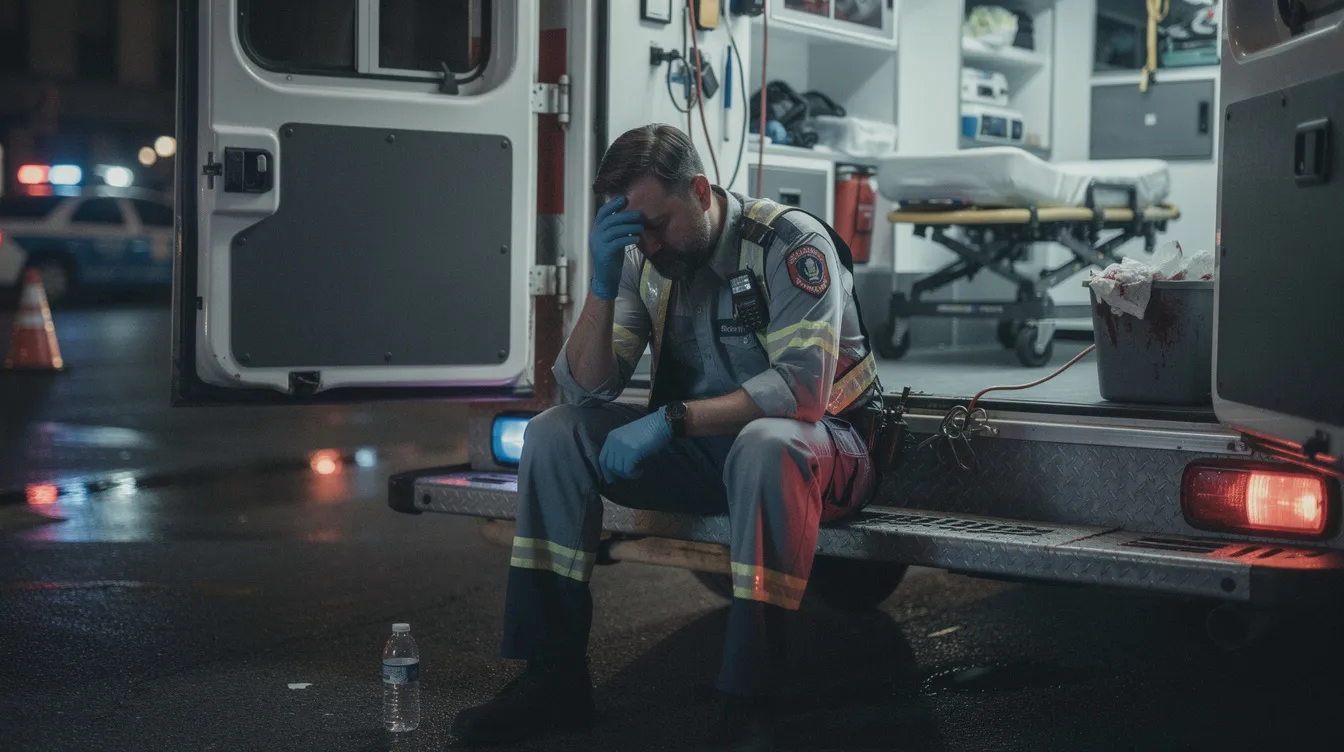 The image depicts a paramedic sitting on the ground, visibly stressed and taking a moment to breathe after responding to a high-stress emergency situation. This scene highlights the emotional burden and potential symptoms of post traumatic stress disorder that emergency workers, like paramedics, may face after traumatic events.