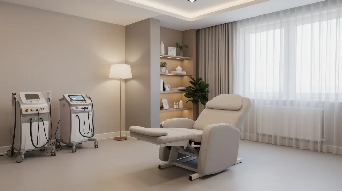 Modern clinic room with reclining treatment chair, medical equipment, lamp, and large window curtains