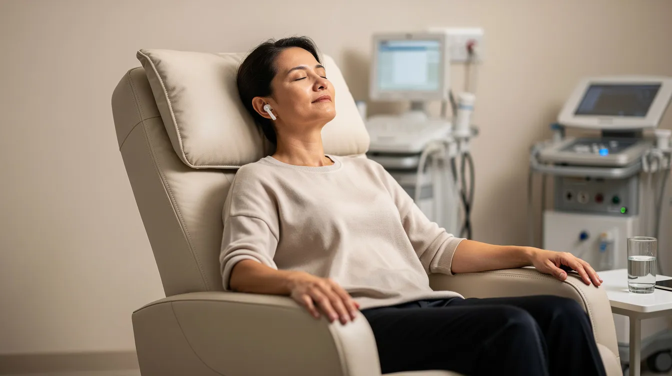 The image depicts a relaxed adult sitting comfortably in a clinical chair, wearing earbuds and appearing calm and at ease, suggesting a tranquil atmosphere often associated with treatments like transcranial magnetic stimulation (TMS) for managing treatment resistant depression. The setting conveys a sense of comfort typically found in mental health treatment environments.