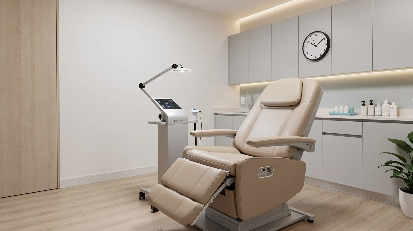 The image depicts a serene and modern medical treatment room featuring a comfortable reclining chair, designed for patients undergoing transcranial magnetic stimulation (TMS) therapy. A medical device is strategically placed near the headrest area, indicating a setup for brain stimulation therapies aimed at treating resistant depression and other mental health conditions.
