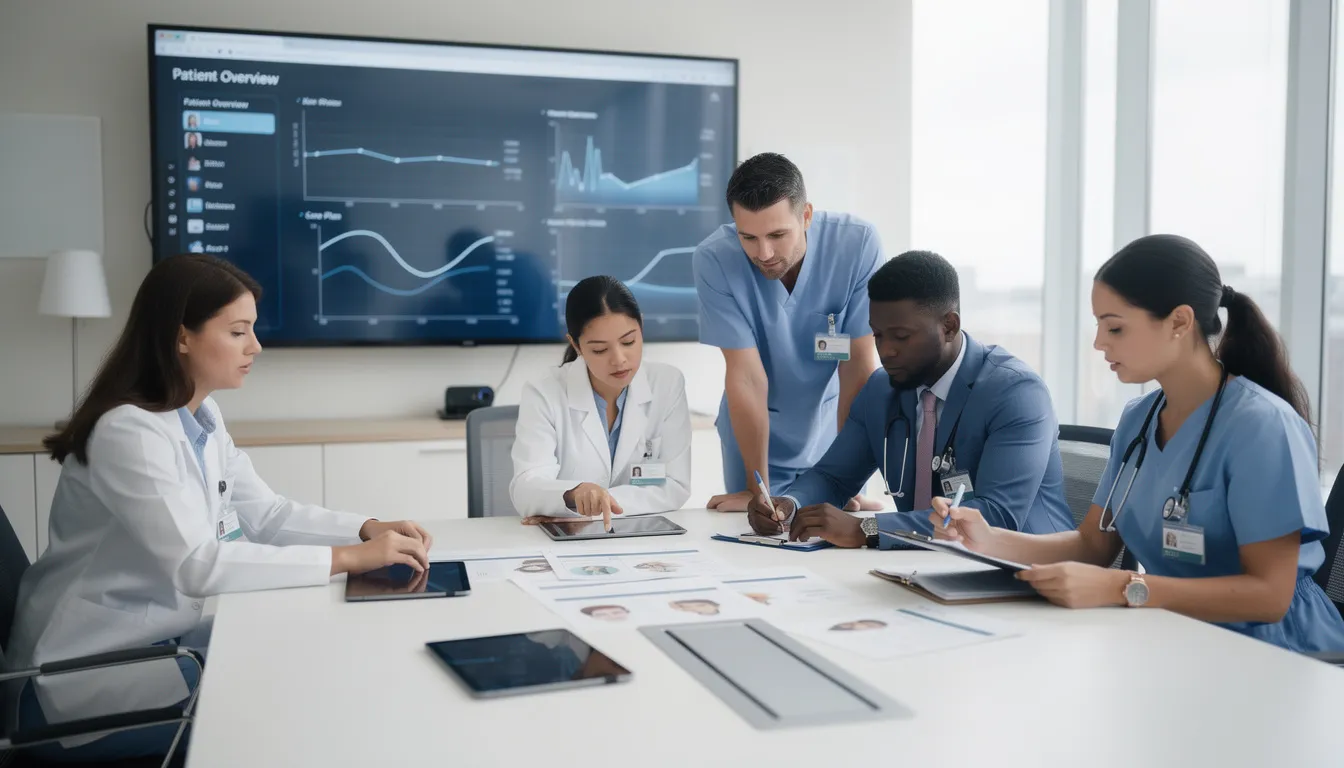 A group of healthcare professionals is collaborating and reviewing patient information, highlighting their teamwork in providing mental health services and personalized treatment plans for conditions like depression. This image emphasizes the importance of communication and support among mental health professionals in New Jersey, as they work to understand and treat their patients effectively.