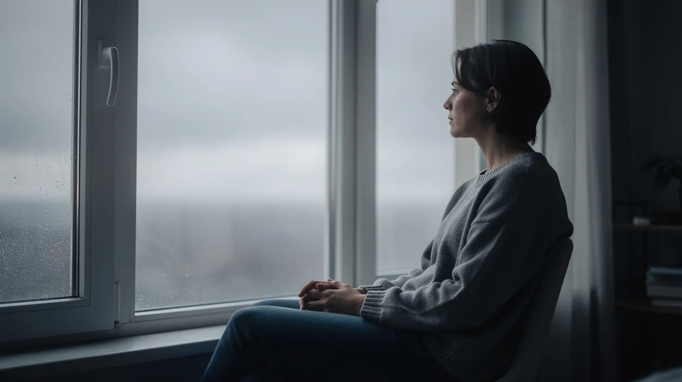 A person sits alone by a window on a gray day, appearing contemplative and reflective, which may evoke feelings associated with depressive symptoms often seen in bipolar disorder. The somber atmosphere suggests a moment of introspection, possibly linked to mood episodes characteristic of bipolar depression.