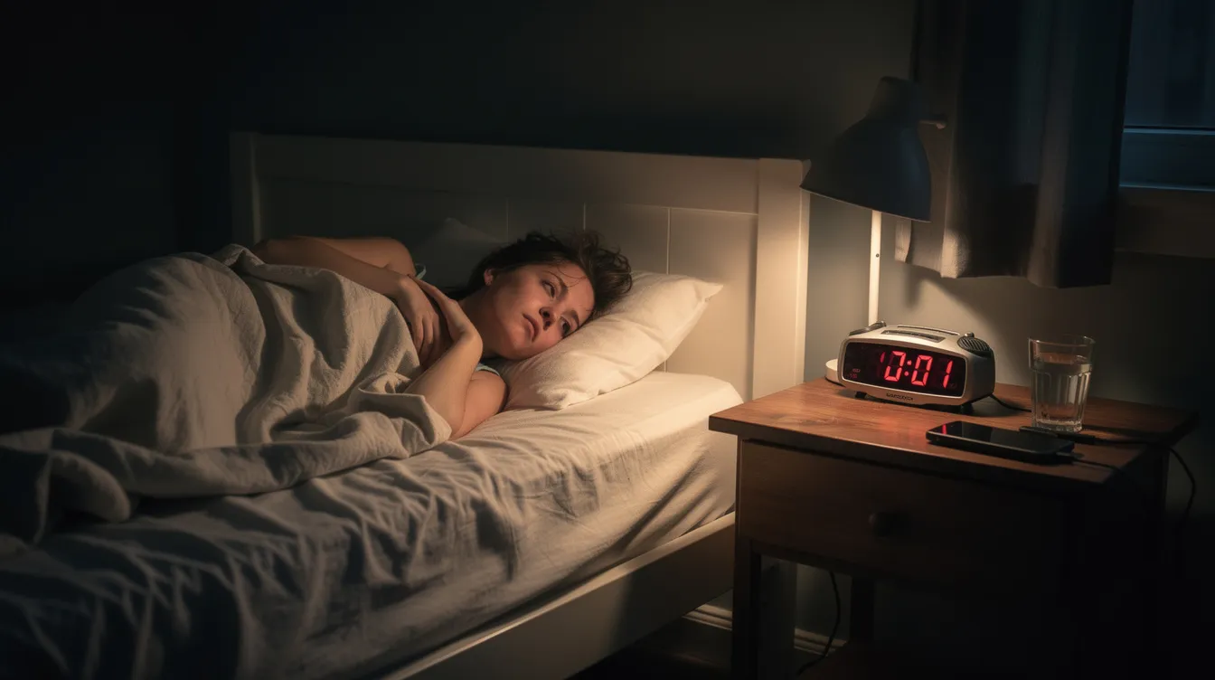 A person lies in bed in a dimly lit room, appearing withdrawn and reflective, with an alarm clock on the nightstand, suggesting a struggle with depressive symptoms often associated with bipolar disorder. The atmosphere conveys a sense of isolation that can accompany depressive episodes in individuals with mental health conditions.