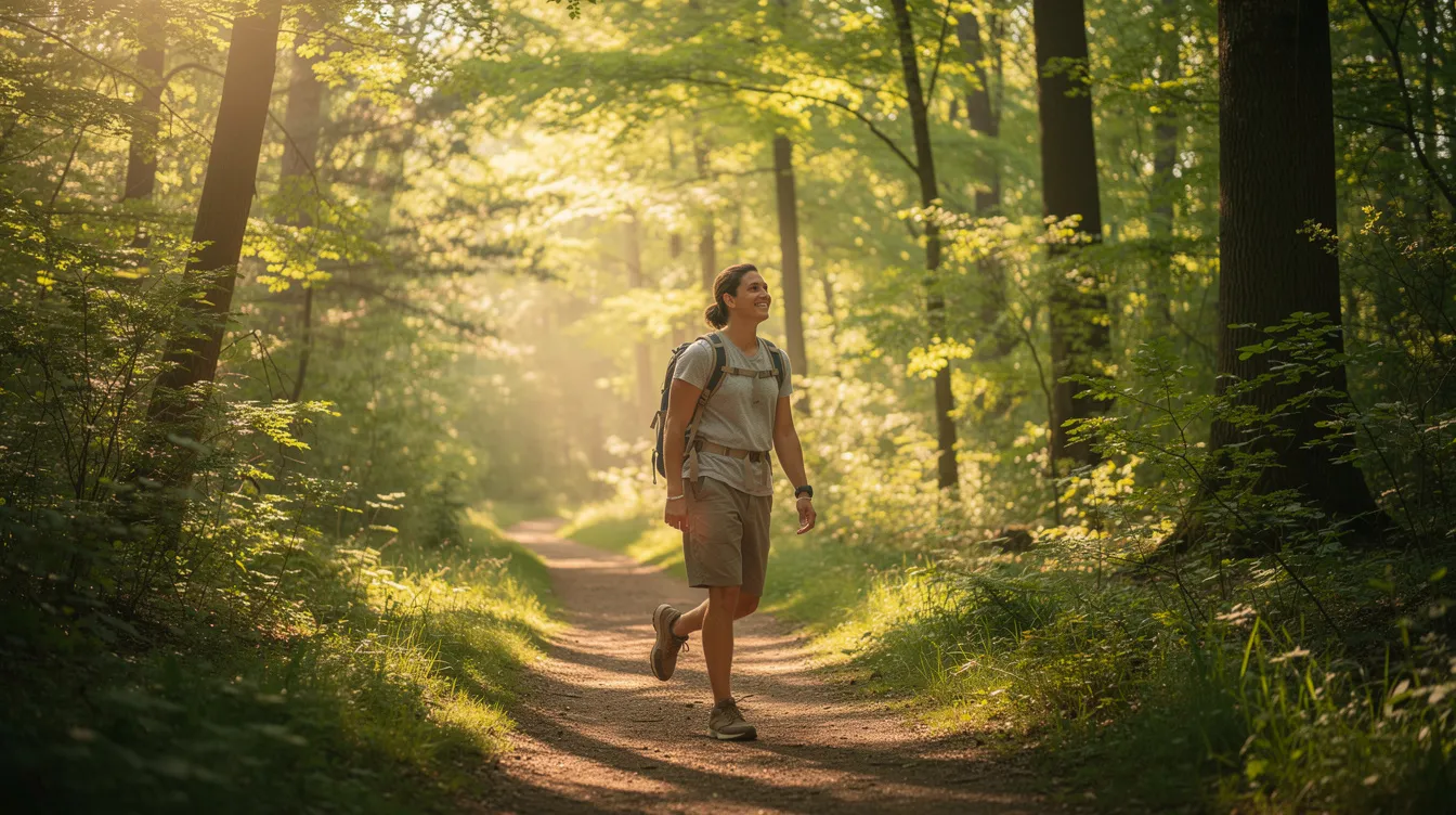 A person walks purposefully along a sunlit nature trail, surrounded by lush trees, conveying a sense of relaxation and mindfulness. This scene reflects the importance of emotional health and coping skills, often emphasized in cognitive behavioral therapy to manage anxiety and negative thoughts.