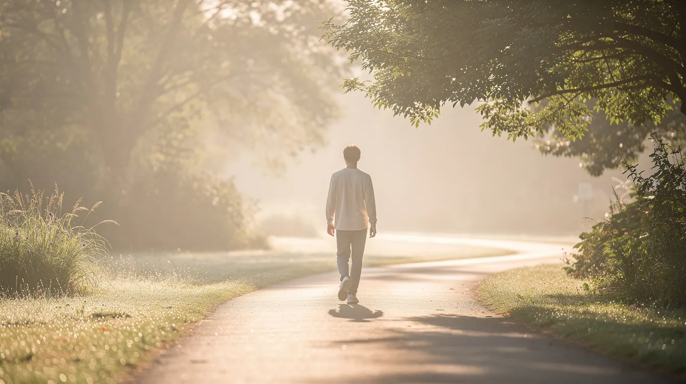 A person is walking along a quiet outdoor path bathed in soft morning light, symbolizing a journey towards better mental health. This serene scene evokes a sense of calm and hope, reflecting the potential benefits of treatments like ketamine and esketamine for those experiencing major depressive disorder and treatment-resistant depression.