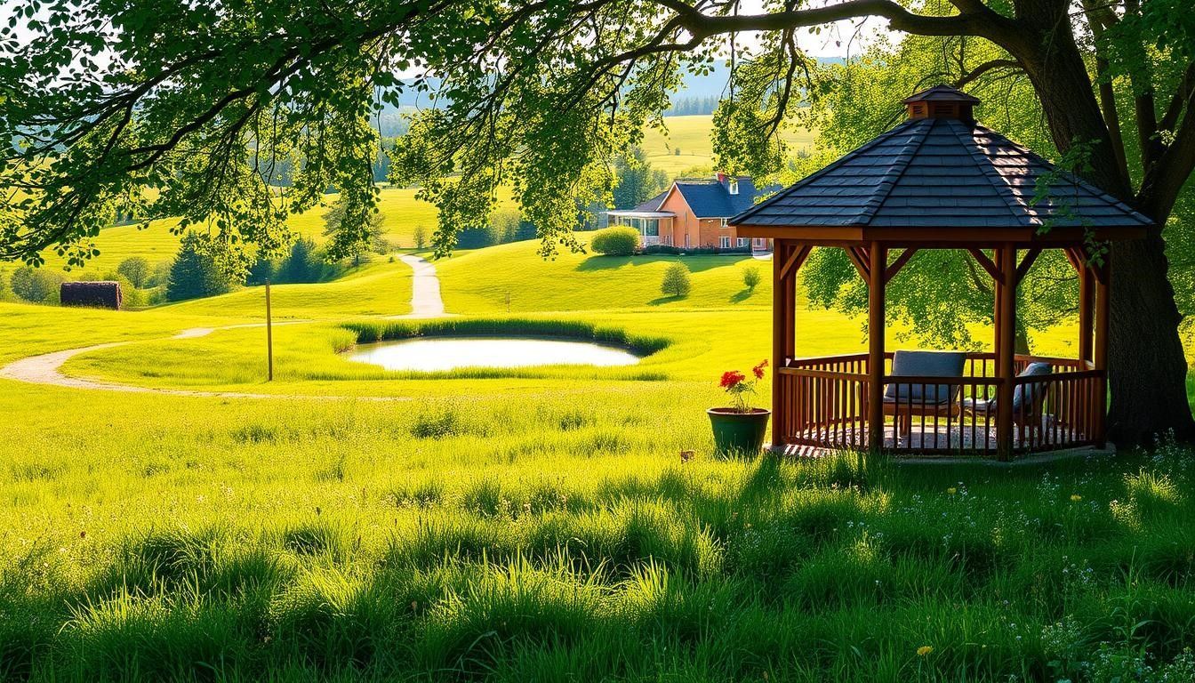 Gazebo under a tree in a sunlit field, with a pond and rolling hills in the background.