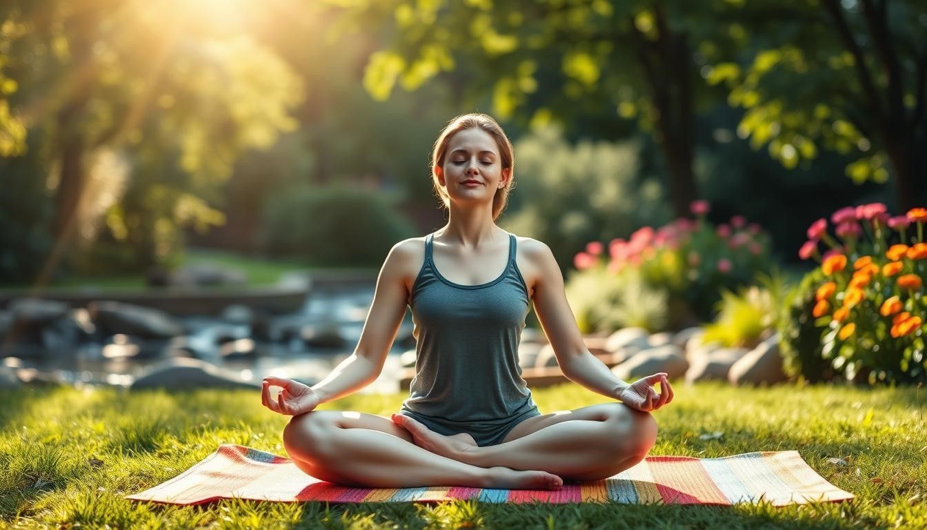Woman meditating in lotus position on a mat in a sunny park.