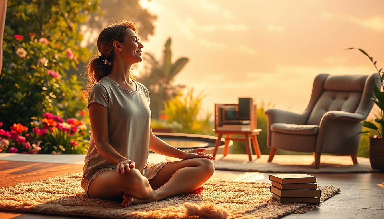 Woman meditating outdoors with sunset backdrop.
