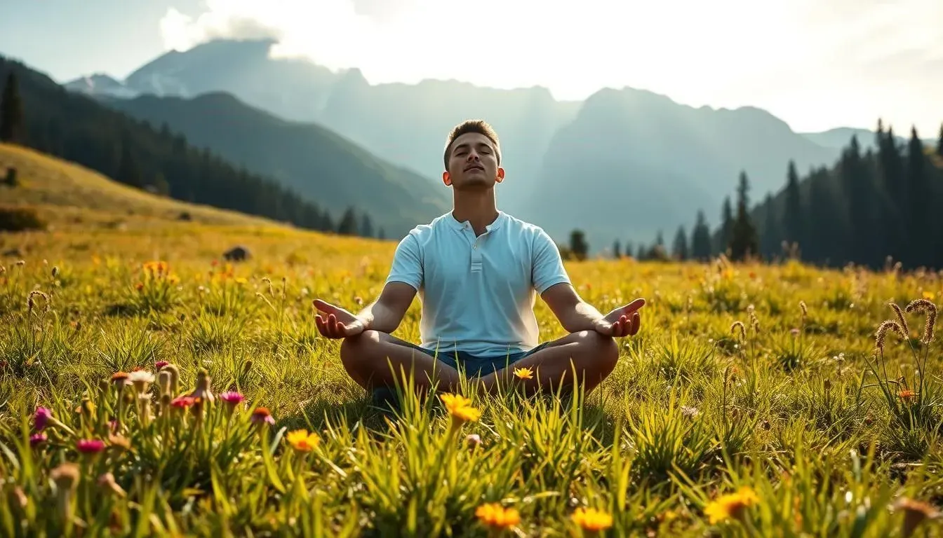 Man meditating in a field of wildflowers with mountains in the background.