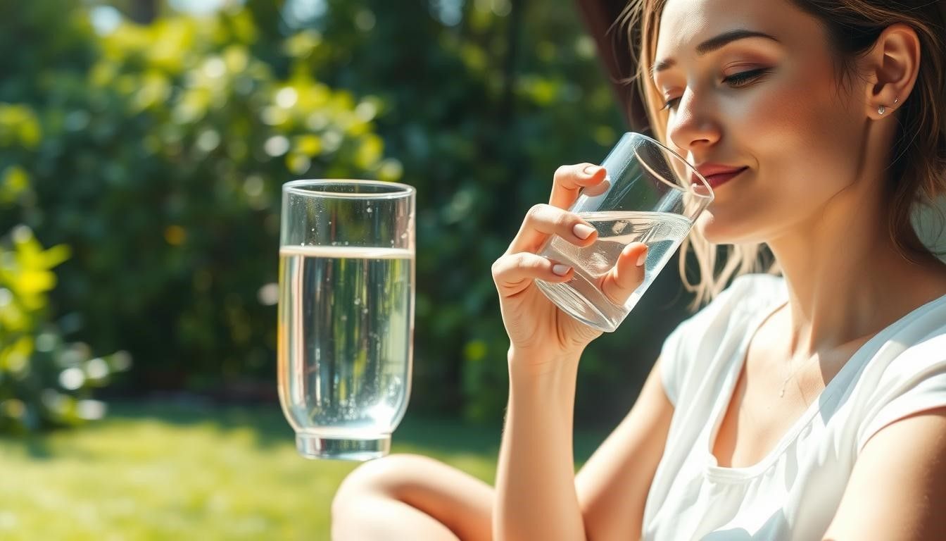 Woman drinking water outdoors, holding a glass with a focused expression, bright sunlight.