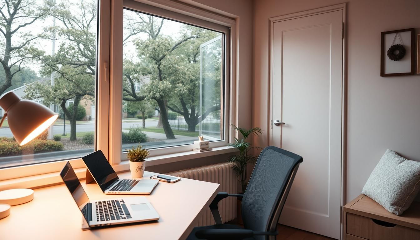 A bright home office with two laptops on a desk by a window overlooking trees.
