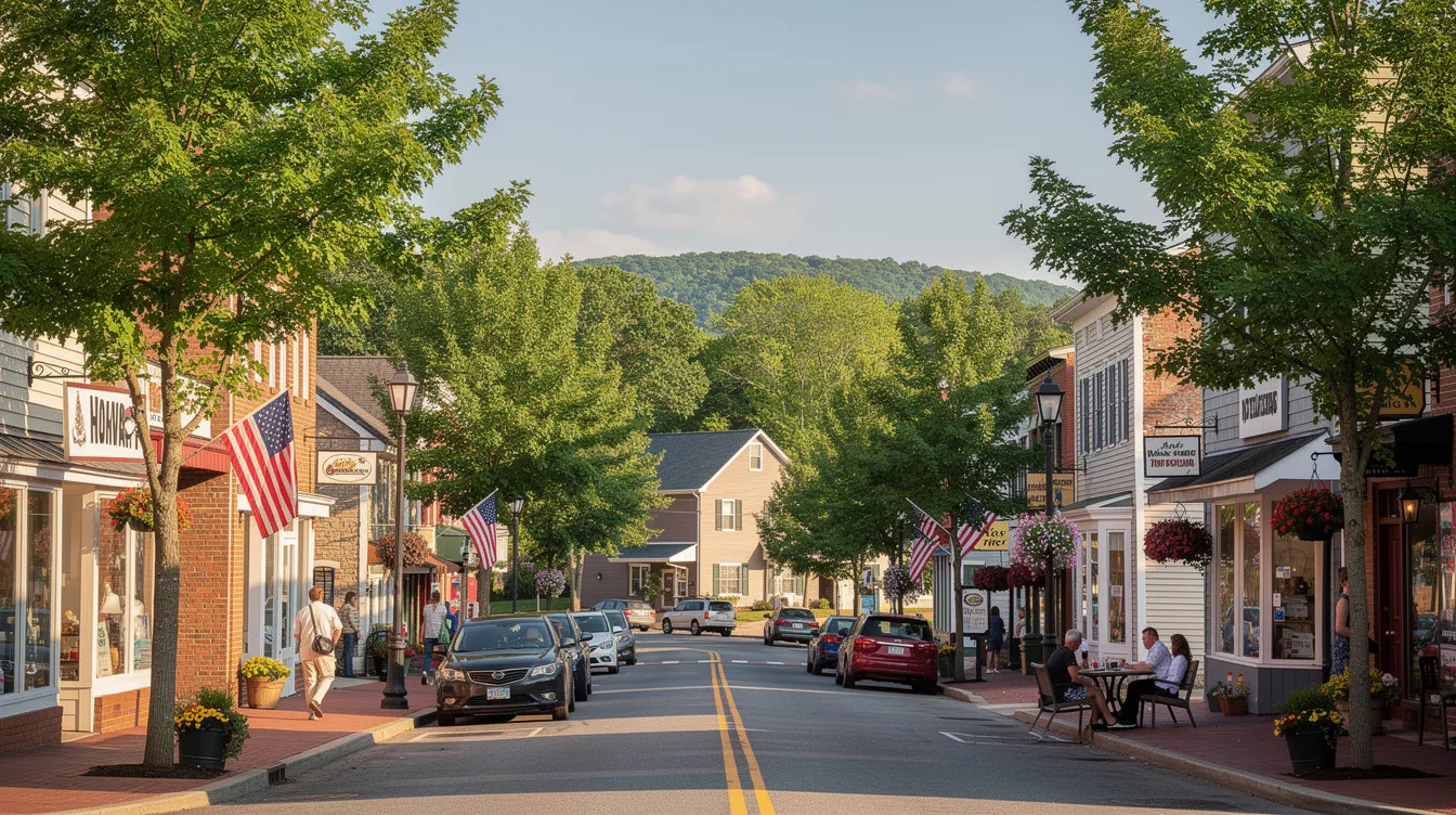 The image depicts a picturesque small-town street in New Jersey, lined with lush green trees and a sense of community warmth. This inviting scene reflects the importance of mental health and the pursuit of effective treatments, such as transcranial magnetic stimulation (TMS), for those facing major depressive disorder and treatment-resistant depression.