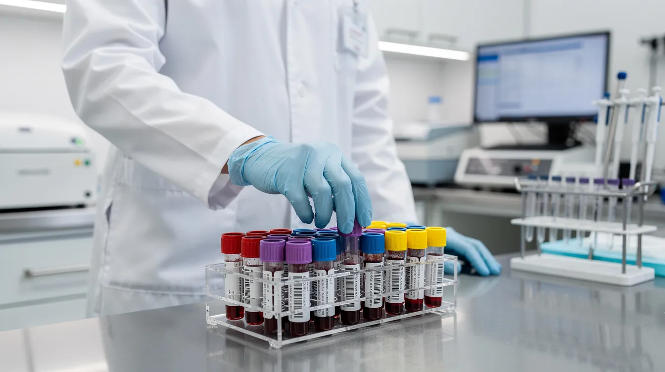 A medical professional is seen in a clinical laboratory, carefully organizing labeled blood sample vials with colored caps, ready for routine tests to determine patients' health and test results. This scene highlights the importance of accurate sample collection and preparation during a doctor visit for lab work.