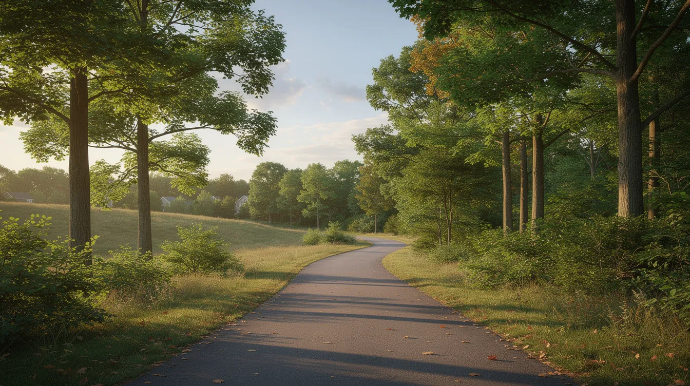 A serene outdoor walking path is framed by lush trees in a tranquil New Jersey landscape, offering a peaceful escape that can be beneficial for mental health. Such calming environments may help individuals manage mood swings and depressive symptoms associated with bipolar disorder.