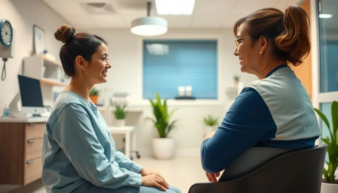 Two women in medical scrubs sit and talk in a clinic room.